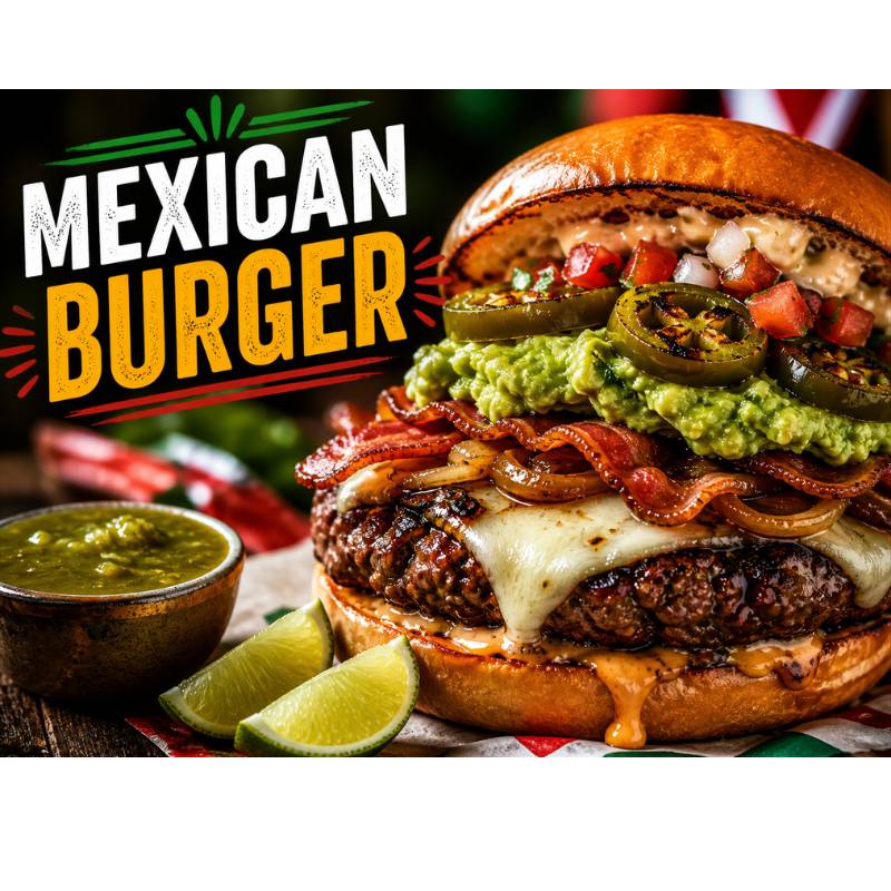 Juicy Mexican burger near me with avocado and jalapeños at Machete Loco Houston